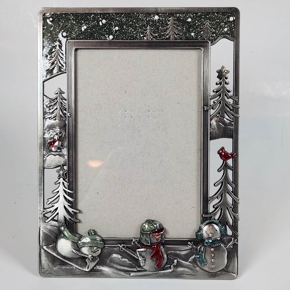 Enamel Pewter Christmas Picture Frame Snowman Skiing Winter Wonderland 3D 4 X 6